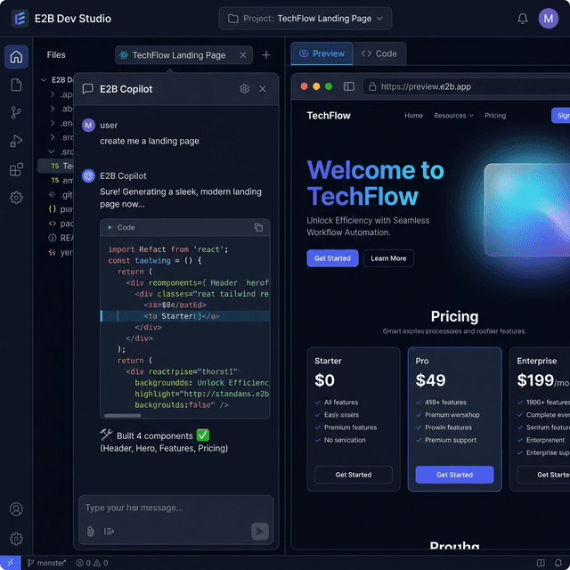 Flexity.AI workspace — code editor, file tree, and live preview